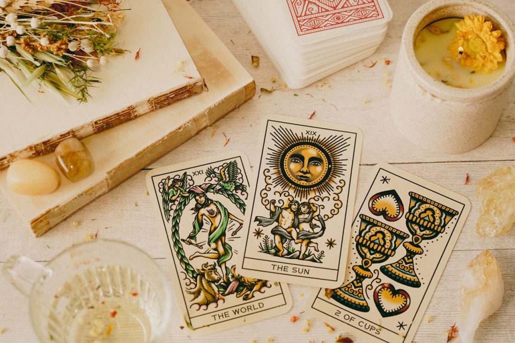 mystical-tarot-card-reading-setup-on-wooden-table-31158426 Spring Tarot